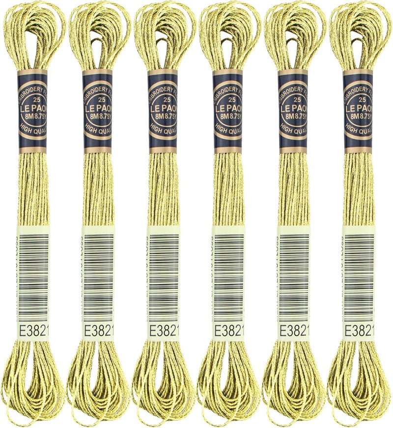 krastmon 6 Skeins Embroidery Thread, Metallic Light Gold Embroidery Floss Friendship Bracelet String, Polyester Cross-Stitch Threads for Hand Embroidery, String Art - Image 1